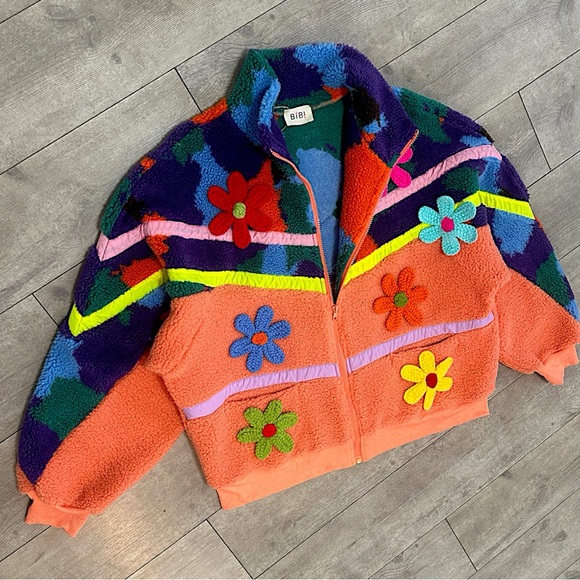 NEW BiBi Boutique Crochet Patch Floral Teddy Bomber Jacket Zip Shacket SAMPLE - Picture 10 of 16